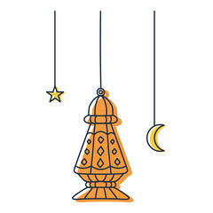 single orange hanging lamp and crescent moon and star illustration for ramadan and eid celebration ornament