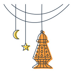 single antique hanging lamp with star and crescent moon as decoration for ramadan and eid celebration