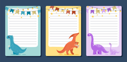 Kids notebooks with dino set. Collection of notepad sheets with dinosaurs and garlands. Space for notes, to do list and memo, diary. Cartoon flat vector illustrations isolated on dark background