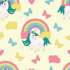 Childish seamless pattern with unicorn on yellow background.