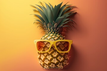 Pineapple with sunglasses on yellow background, Summer vacation concept. Generative AI