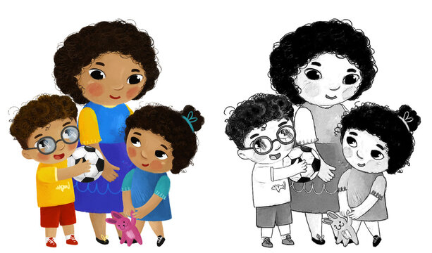 cartoon scene with happy loving family mother son and daughter on white background illustration for children