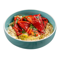 gourmet hummus bowl with baked pepper