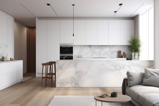 Modern white minimalist interior design with kitchen sofa, wooden floor, wall panels and marble kitchen island. 3d render illustration, generative AI