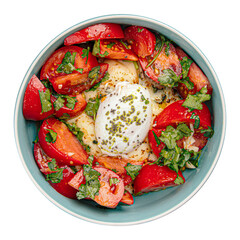 png hummus bowl with poached egg and tomatoes