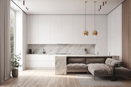 Modern white minimalist interior design with kitchen sofa, wooden floor, wall panels and marble kitchen island. 3d render illustration, generative AI