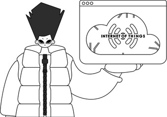 A man holding an Internet of Things logo in a vector linear style