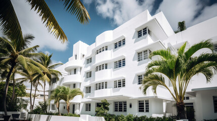 Fototapeta na wymiar luxury white tropical hotel. Generative ai