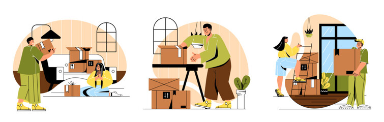 Moving to new home set. Relocation and emigration. Men and women in apartment or house collect things in boxes, cardboard parcels. Cartoon flat vector illustrations isolated on white background