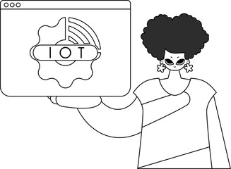 Girl illustrated with linear IoT logo, vector style