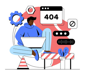 Page not found concept. Sad man with laptop entered wrong website or webpage address, error 404. Technical work and error in code. Trouble and mistake. Cartoon flat vector illustration