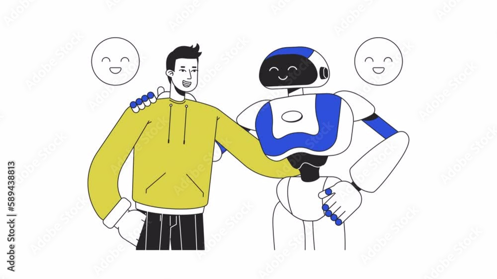 Aufkleber human hugging ai animation. animated half body man with robot 2d cartoon flat colour line characters