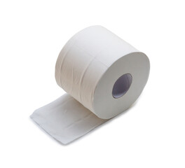 Close up photo of single roll of white tissue paper or napkin prepared for use in toilet or restroom isolated on white background with clipping path