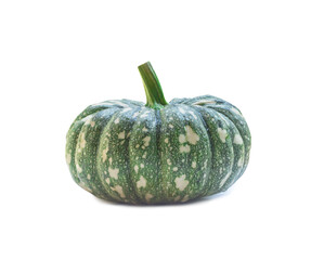 Single fresh green pumpkin with strange pattern isolated on white background with clipping path and shadow in png format