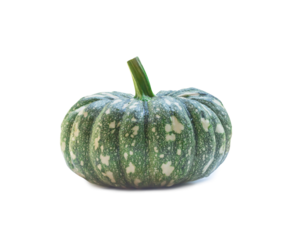 Single fresh green pumpkin with strange pattern isolated on white background with clipping path and shadow in png format