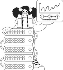 Girl and cloud storage server connected to the internet of things, depicted in a vector linear pattern