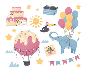 Set of birthday elements. Pack of stickers for social networks. Elephant with balloons, bird in hat and colorful flags, gift and cake. Cartoon flat vector illustrations isolated on white background