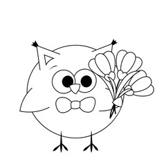 Cute cartoon Owl with snowdrop in black and white