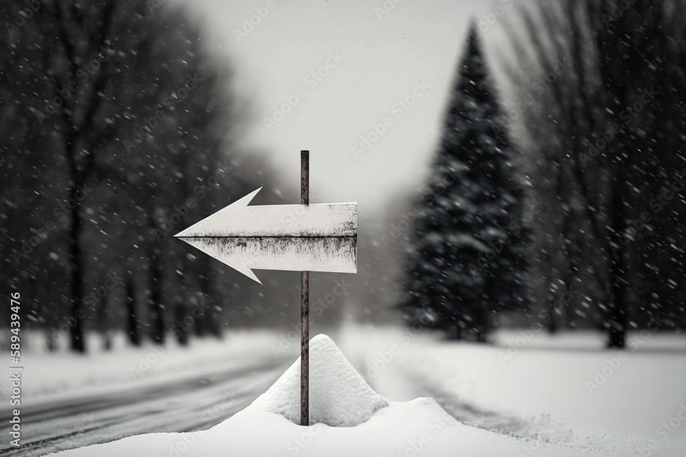 Poster arrow pointer on a snowy road. AI generation