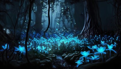 Fairy forest at night fantasy glowing flowers (ai generate)