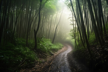Large bamboo forest in mountain road after the rain, tropical landscape, dirt path road in the jungle, generative ai