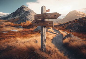 wooden signpost in the mountain with a path. generative ai - obrazy, fototapety, plakaty