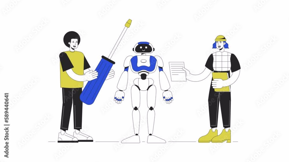 Poster building humanoid robot animation. animated robotics engineers 2d cartoon flat colour line character