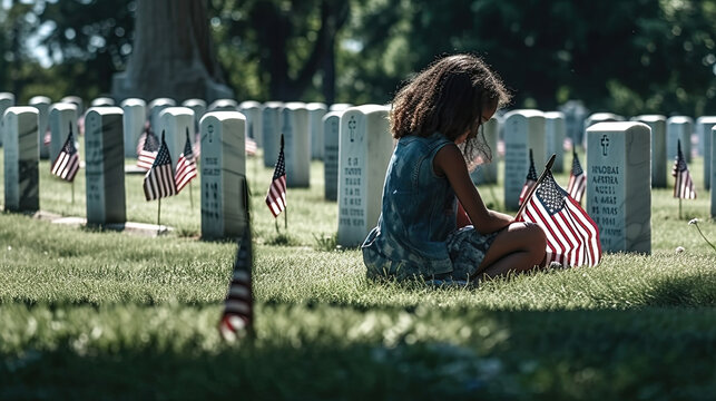 Little girl sitting on the grass in a cemetery and looking at the American flag, Generative AI
