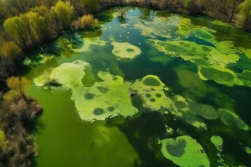 Bird eye view of amazing blooming algae on green river. Earth day concept. Generative ai.