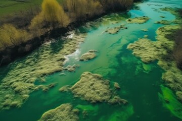 Fototapeta na wymiar Bird eye view of amazing blooming algae on green river. Earth day concept. Generative ai.