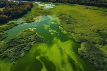 Bird eye view of amazing blooming algae on green river. Earth day concept. Generative ai.