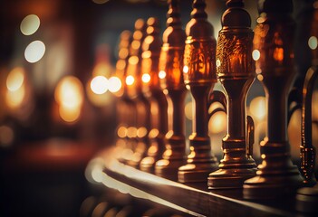 Creatively blurred image of faucets in beer pub with defocused bokeh and artistic digital noise. Golden row of taps in tap room. Bar background image. Generative AI - obrazy, fototapety, plakaty