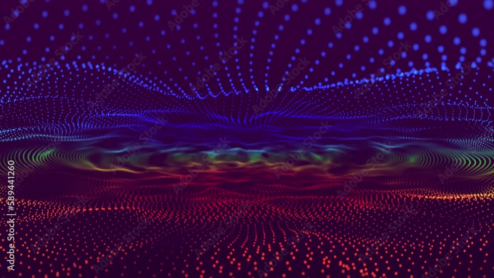Poster Abstract trapcode form digital particle wave and lights background. 3d wave points fractal grid. Trapcode form, Glowing dots and dept. of field.