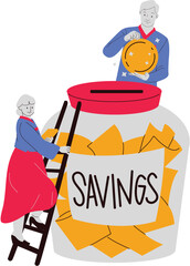 Senior man and woman with a jar of savings. Vector illustration.