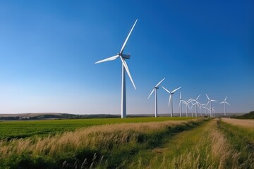 Wind turbine on grass field landscape. World environment and earth day concept. Generative ai.