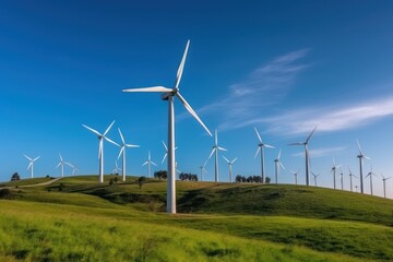 Wind turbine on grass field landscape. World environment and earth day concept. Generative ai.