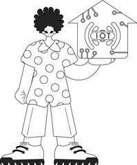 A man holding an Internet of Things logo in vector linear style