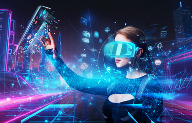 Blonde android female in VR glasses and suit on dark background.