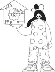 A young woman carrying a linear style logo for the Internet of Things