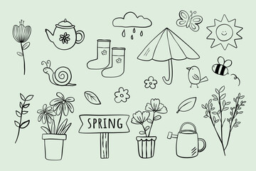 Spring items set in hand drawn style. Cartoon outline illustration vector of Spring and Summer things black and white outline.  
