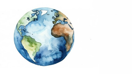 Watercolor style of earth on white empty copy space background. Generative ai.