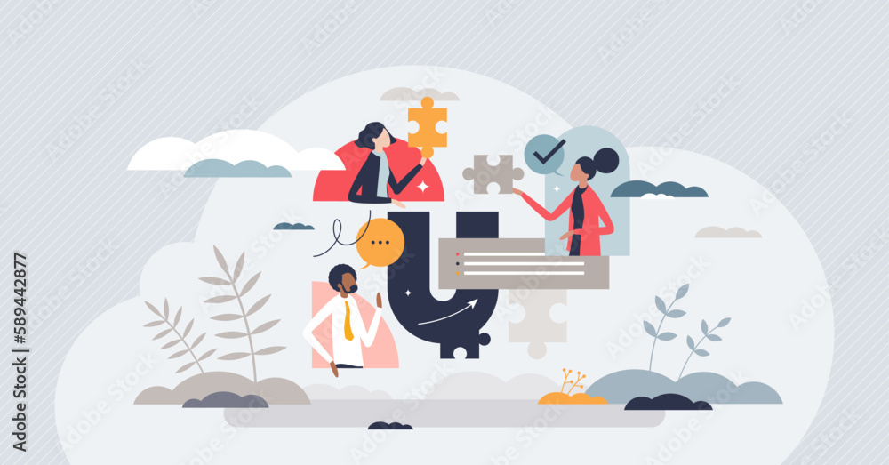 Poster cross functional team collaboration as effective teamwork tiny person concept. business cooperation 