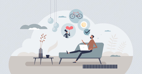 Benefits and challenges of remote work and distance job tiny person concept. Time management pros and cons with private life or relationship balance with business vector illustration. Flexible manager