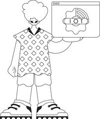 Man grasping IoT logo, in vector line art