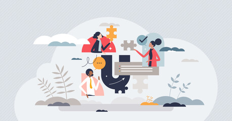 Cross functional team collaboration as effective teamwork tiny person concept. Business cooperation and company group management for common project vector illustration. Work partners communication.