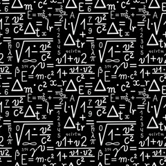Physics equations on black background. Hand drawn seamless pattern.