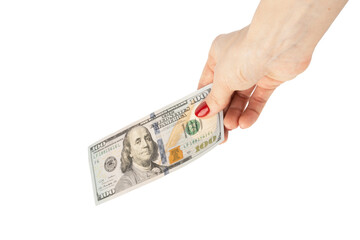 Female hand holds american dollars money. Finance, earnings, crediting.