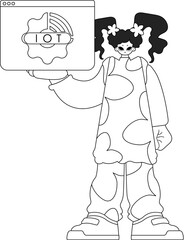 Girl holding logo of Internet of Things, line art vector style