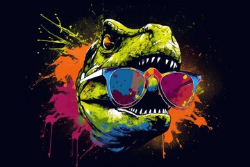 Fototapeta premium T-rex in sunglasses realistic with paint splatter abstract 
