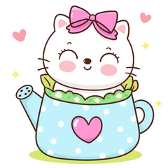 cat with watering pot and flower kawaii cartoon